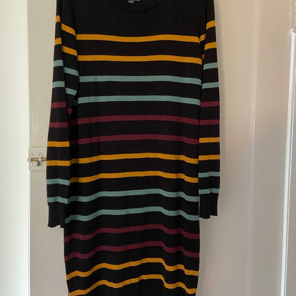 Modcloth Women’s Large Striped Midi Dress - Black, Yellow, Teal, Burgundy